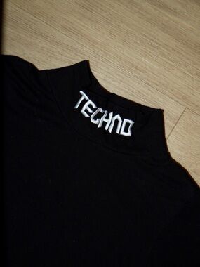 TECHNO" Embroidered Black Mock Neck Crop